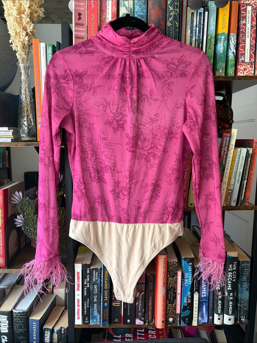 Fuchsia Floral Print Feathered Long-Sleeve Mesh Bodysuit